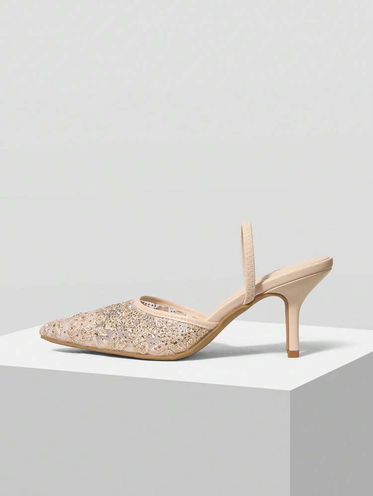 NEW APRICOT POINTED THIN HEEL DIAMOND MESH LACE FASHIONABLE AND ELEGANT WOMEN'S HIGH-HEELED SHOES