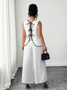SHEIN Clasi Women's Plus Size White 2 Pieces Set, Summer Elegant Smart Casual Office Brunch Tie-Up Backless Sleeveless Top And Pocket Palazzo Pants Co Ord Sets - Black and White - View 2