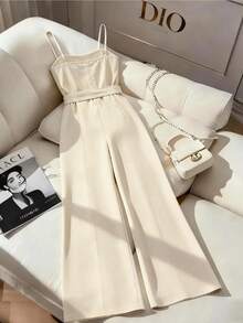 GlowEve 女士时尚夏季无袖束腰连体裤，休闲阔腿裤连身裤，简约垂坠裤连体裤，适合日常穿着和度假 - 杏色 - 查看 2