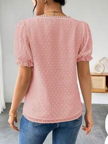 Elenzga Áo kiểu nữ Pháp màu trơn chấm bi Thụy Sĩ, chi tiết bèo nhún, cổ chữ V, tay cánh hoa. - Hồng - Xem 2