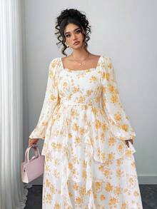 Elenzga Đầm thanh lịch tay phồng họa tiết hoa dành cho nữ cỡ lớn, xếp tầng, có bèo nhún. - Màu vàng - Xem 4