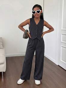 Firerie Kids Firerie Kids Nova Glow 少女休闲街头时尚通勤上学风条纹阔腿直筒裤，深灰色 - 黑與白 - 查看 5