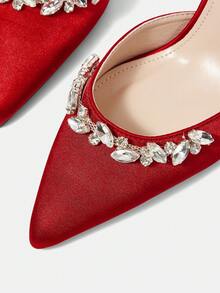 CUCCOO HITCHD Women's Pointed Toe High Heel Rhinestone Red Satin Comfortable Elegant Pumps, Suitable For Weddings, Parties, Formal Occasions - Bordeaux - View 4