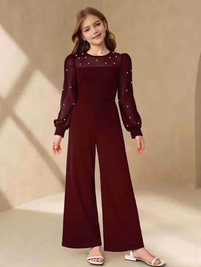 Girls' Elegant Minimalist Fashion Round Neck Raglan Long Sleeve Mesh Patchwork 3D Pearl Decor High Waist Solid Color Maxi Loose Jumpsuit, Suitable For Formal Occasions, Graduation, Party, Christmas, Wine Red