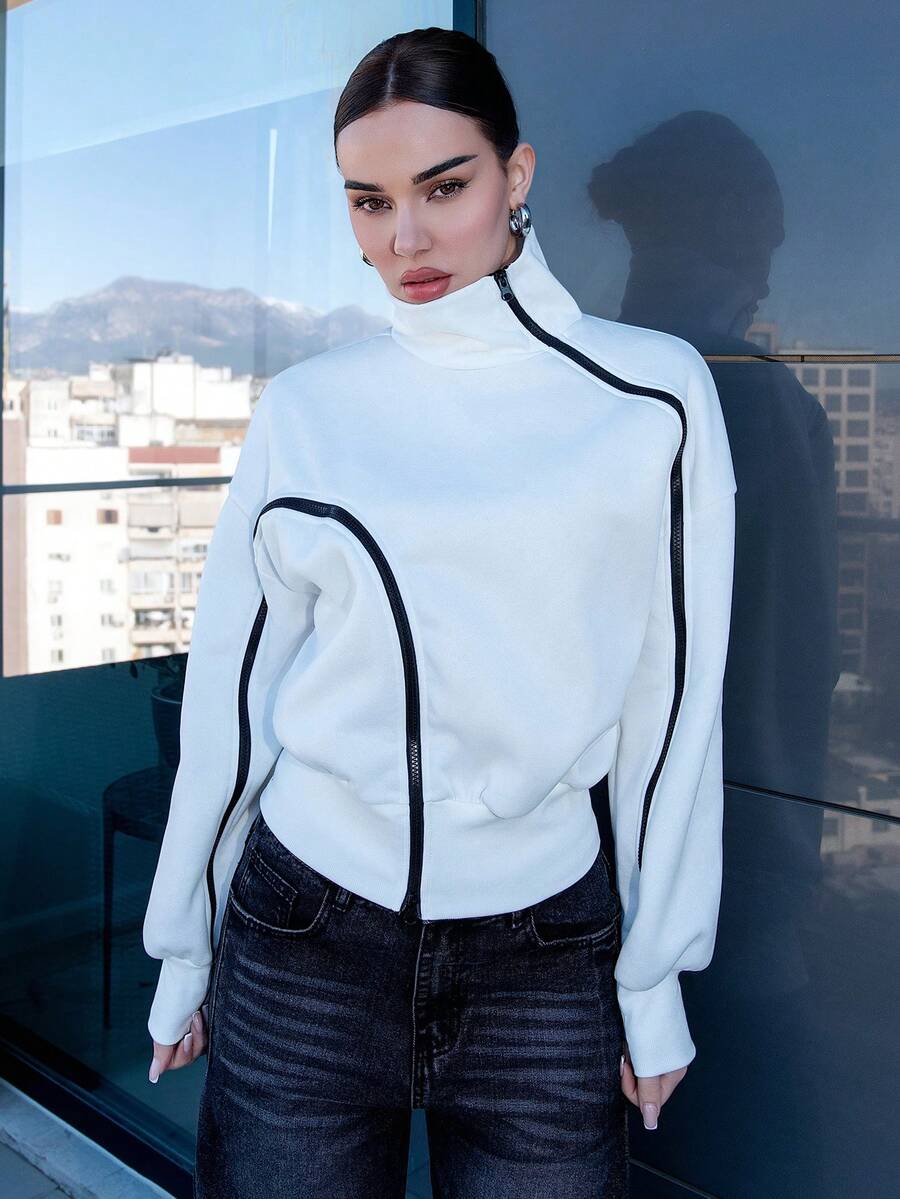 Bris Aura Women's Fashion Colorblock Zipper Fleece Turtleneck Lantern Sleeve Sweatshirt Fall Cloth For Women - White - View 1