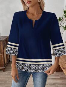 EMERY ROSE Plus Size Casual Striped & Geometric Print Shirt - Navy Blue - View 5