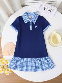 SHEIN 女童拼布格子 Polo 领短袖休闲连衣裙 - 彩色 - 查看 6