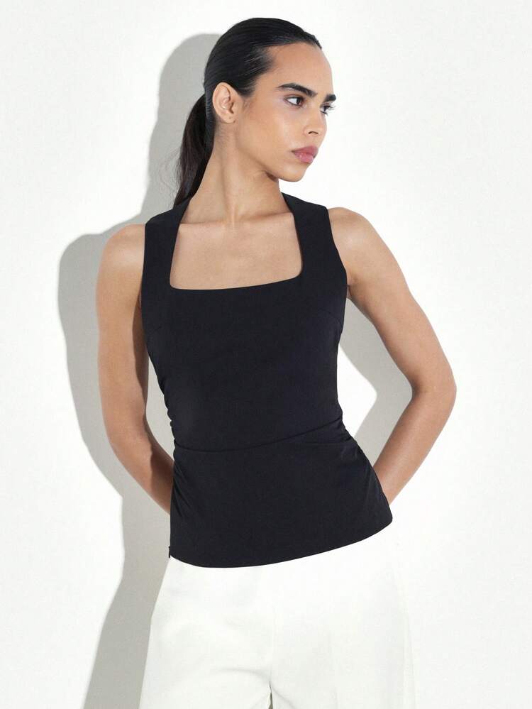 KSTM Women's Black Sleeveless Square Neck Bodycon Tank Top Gathered Fitted Casual Summer Essential
