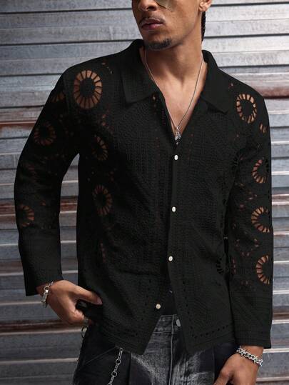 AXEPEAK Men's Solid Color Hollow Out Single-Breasted Casual Versatile Daily Wear Long Sleeve Sweater