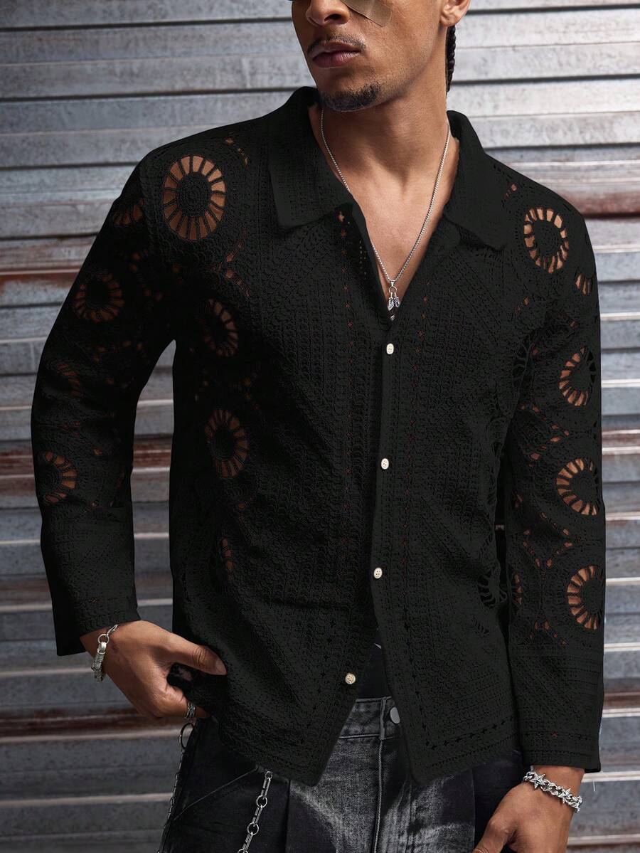 AXEPEAK Men's Solid Color Hollow Out Single-Breasted Casual Versatile Daily Wear Long Sleeve Sweater, For Spring