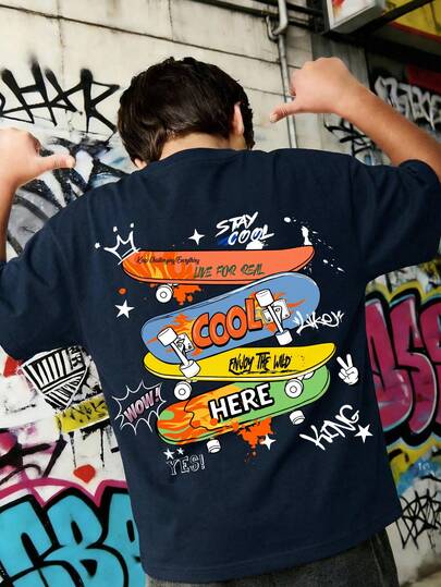 青少年男童新款休闲简约Y2K风格英文字母、滑板、运动图案宽松舒适圆领短袖T恤