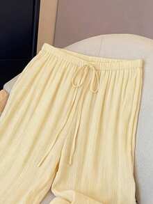 Lyxana Women's Linen Pleated High Waist Wide Leg Straight Pants, Casual Resort Style, Spring/Summer/Autumn - Yellow - View 3