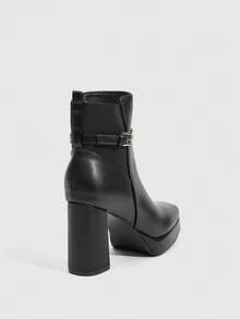 Daringsoles Women's Chunky Heel Square Toe Sexy Waterproof Platform Side Zipper Buckle Classic Leather Boots, Autumn/Winter - Black - View 8