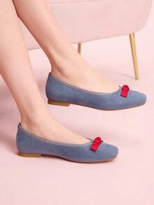 CUCCOO DOLLMOD 女士蓝色绒面革方头蝴蝶结低帮平底鞋，日常百搭可爱女鞋 - 藍色 - 查看 4