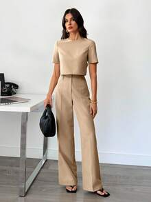 SHEIN Tall Áo croptop trơn và quần ống rộng dành cho nữ. - Màu be - Xem 9