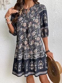 Breezaya 女士时尚印花灯笼袖系领连衣裙度假沙滩装 - 黑色 - 查看 6