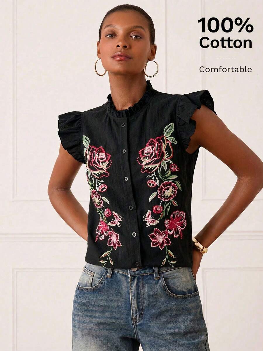 Lilora 女士优雅棉质荷叶边袖刺绣衬衫 - 黑色 - 查看 1