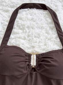 Soleia Abito elegante boho tropicale di grandi dimensioni, adatto per primavera/estate, vacanze, matrimoni, lauree, feste di San Patrizio, vacanze di primavera, festival musicali, appuntamenti, shopping, composto da un set a maglia marrone strutturato da 2 pezzi per donna - Castano - Visualizzare 6
