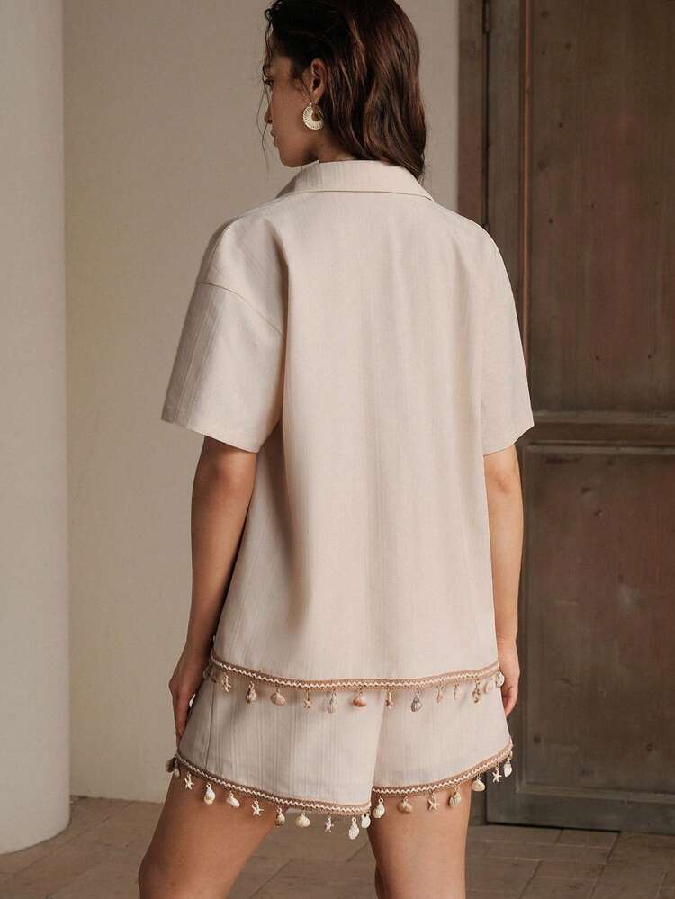 Apricot Vintage Design Seashell Tassel Strap Beach Casual Loose Shirt For Women, Summer