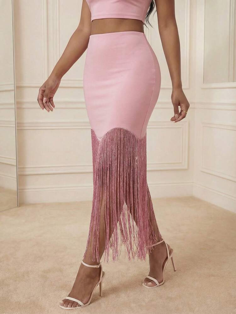Women's New Lotus Pink Flounce Hem Elegant Vacation Party Skirt, Summer