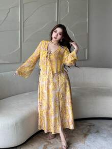 Vibekara 简约印花雪纺夏季新款修身清爽沙滩度假开衫和吊带裙两件套 - 黃色 - 查看 5