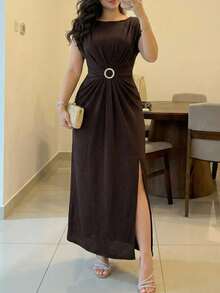 Modelyn Plus Size Women's Solid Color Round Neck Batwing Short Sleeve Side Slit Hem Elegant Dress - Coffee Brown - View 6