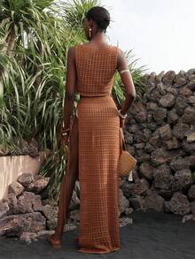 Vesra 两件套女士针织毛衣套装，夏季罩衫 - 鏽棕色 - 查看 2