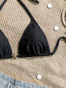 Swim Vcay 女士纯色纹理面料挂脖系带金属装饰泳衣上装，适合海滩和泳池度假 - 黑色 - 查看 3