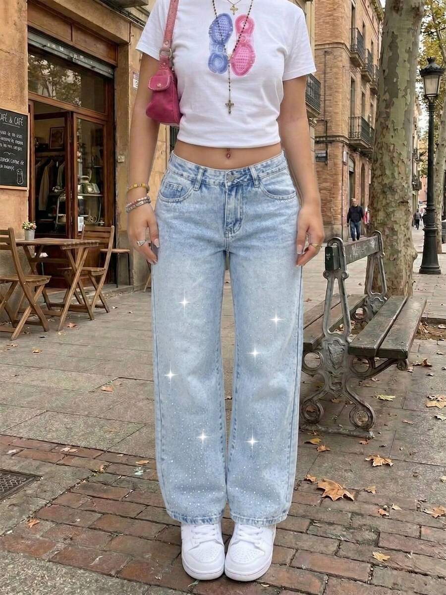 SHEIN ICON Quần jeans nữ dáng suông, rộng rãi, đa năng, có túi. - Màu xanh lam - Xem 1