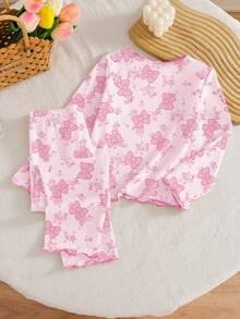 SHEIN Playful Pals Young Girls Cute Cartoon Rabbit Bow Floral Print Ruffle Trim Comfortable Casual Long Sleeve Pants 2pcs Pajama Set Fall Winter - Pink - View 2
