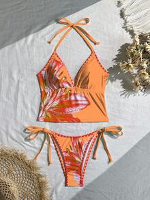 Swim Mod Women's Sweet Floral Print Camisole Bikini Top With Ruffle Trim, Spring/Summer - Multicolor - View 3