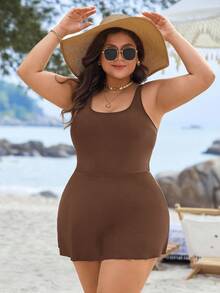 Swim Lushoire Plus Size Basic Square Neck One-Piece Swimsuit - Brown - View 5