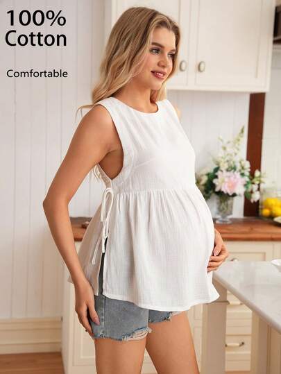 SHEIN 孕妇休闲宽松纯色侧开衩无袖衬衫