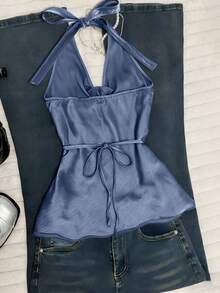 Nuevo top de verano para mujer con cuello halter, cintura fruncida y lazo, sexy y casual para vacaciones - Azul - Ver 2