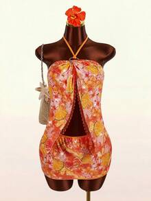 Amplova Women's Beaded Embroidered Fruit & Starfish Golden Yellow 2-Piece Swimsuit,Summer Elegant Casual Vacation Holiday Backless Halter Tie-Up Resort Wear - Burnt Orange - View 2