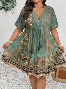 SHEIN Frenchy 大码女式V领印花褶皱时尚度假连衣裙，适合夏季穿着，波西米亚风格女装，波西米亚风女装 - 彩色 - 查看 1