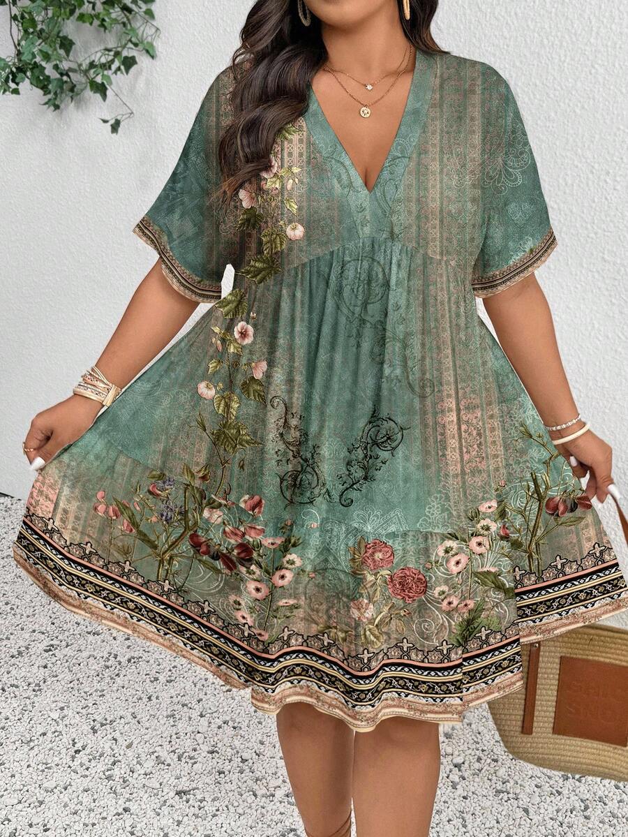 SHEIN Frenchy 大码女式V领印花褶皱时尚度假连衣裙，适合夏季穿着，波西米亚风格女装，波西米亚风女装 - 彩色 - 查看 1