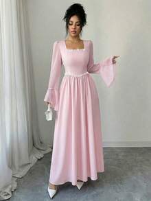 SHEIN Elenzya 女士粉色新款方领珍珠装饰A字腰部喇叭袖甜美浪漫优雅约会派对正式长裙 - 粉色 - 查看 5