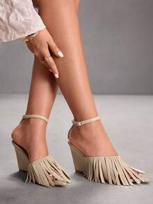 CUCCOO SZL Giày sandal cao gót đế xuồng thời trang thanh lịch dành cho nữ, có tua rua, thích hợp cho việc đi làm. - Màu be - Xem 10