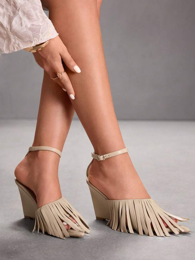CUCCOO SZL Women's Fashionable Elegant Commuter Fringe Decor Wedge High Heel Sandals Spring Shoes Prom Heels