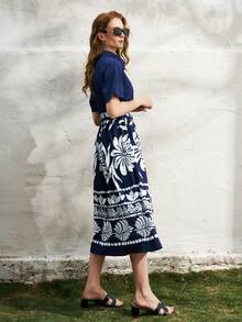 Airaco Women's Floral Print Ruched Casual Party Midi Dress, Suitable For Summer - Navy Blue - View 7