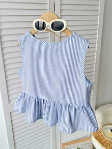 Tween Girls Cute Bow Tie Striped Camisole Top, Casual Everyday Versatile Wear Kids Peplum Top Girls Blue Bow Blouse Girls Peplum Top Girls Bow Top Girls Blue Striped Top Girls Blue Bow Top Kids Striped Top Kids Blue Shirt,Kids - Blue - View 2