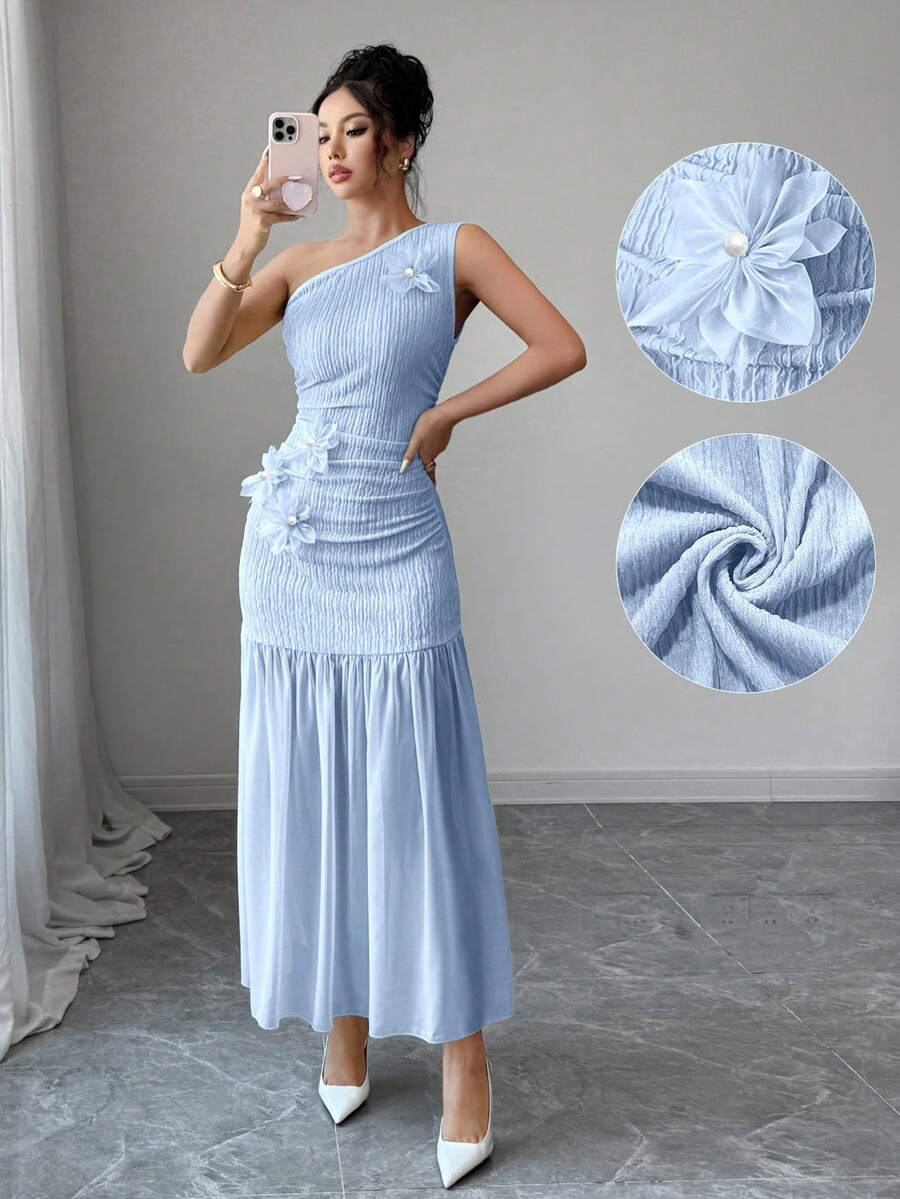Modelyn Đầm chiffon vàng họa tiết hoa 3D dành cho nữ - Màu xanh lam - Xem 1