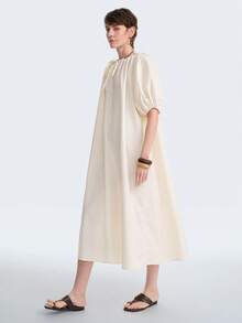 Aalyst Vestido camisero de mujer de poliéster-algodón con lazo en el cuello, mangas abullonadas, corte holgado, bolsillos laterales, manga corta, longitud larga. Elegante, romántico, vintage, para oficina, trayecto, negocios, playa, casual, versátil, adecuado para primavera/verano, vacaciones, San Valentín, té de la tarde, fiestas - Albaricoque - Ver 4