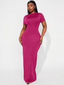 Radiana Plus Size Elegant Solid Color Slim Fit Dress, Summer Mint Green Short Sleeve Maxi Curvy Women Dresses Curve Bodycon Evening Party Date Night Light - Hot Pink - View 5
