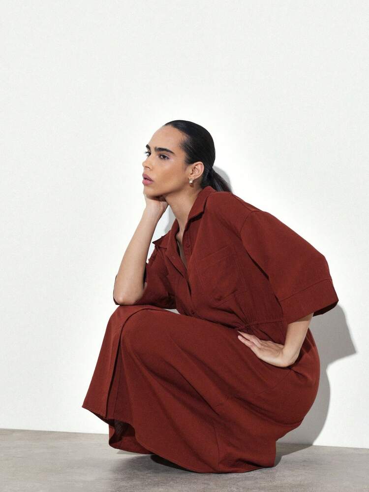 KSTM Rust Orange Button Front Collared Midi Shirt Dress With Three Quarter Sleeves And Drawstring Waist Detail For Casual Day Wear