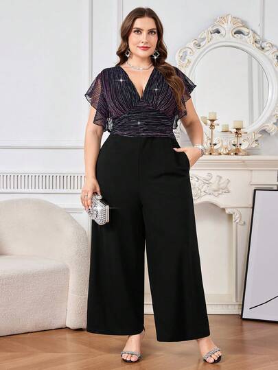 Reflora Mono para mujer talla grande, mono elegante y brillante para fiestas y reuniones, mono negro con bolsillos, adecuado para otoño e invierno