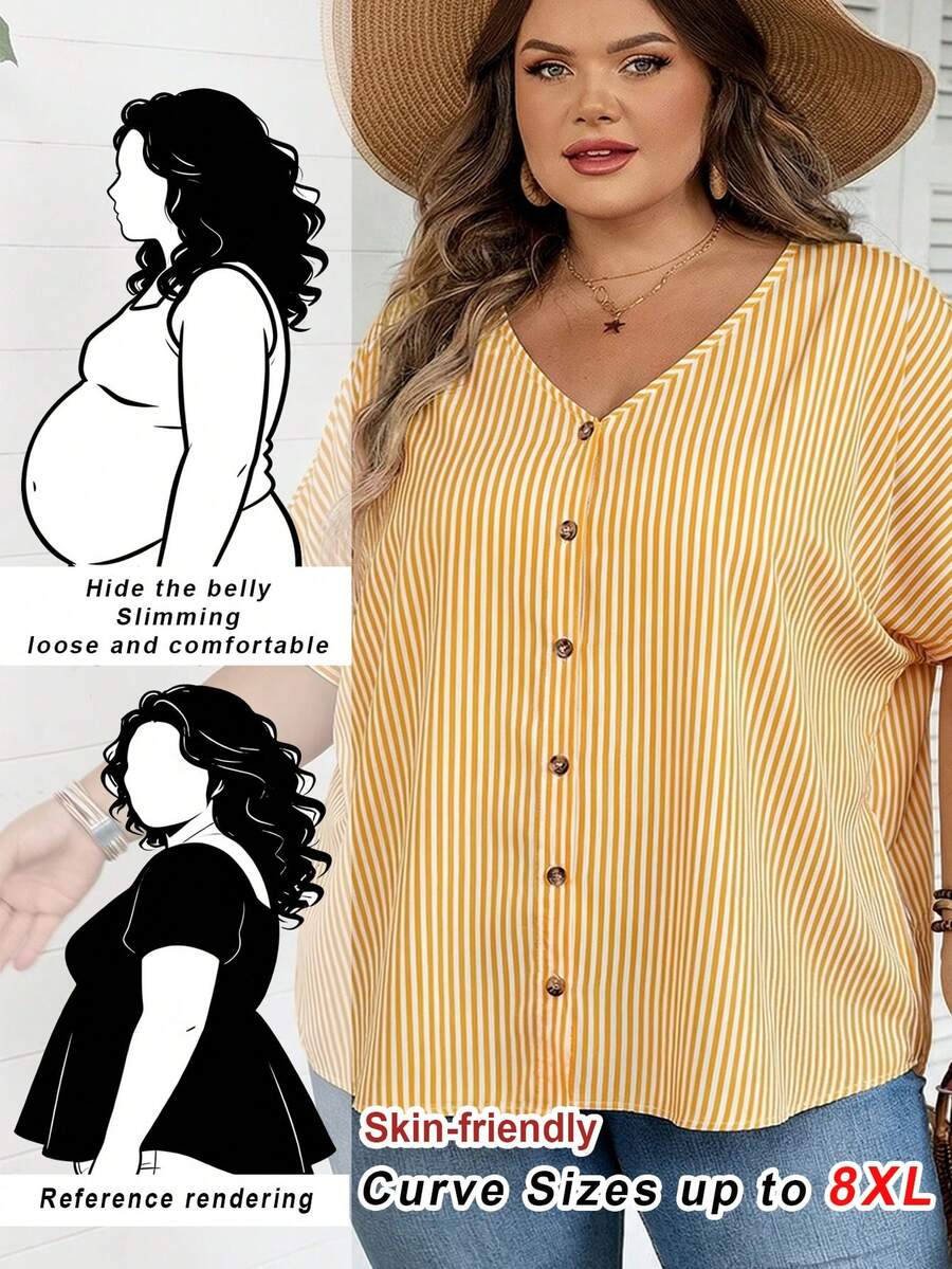 SHEIN CURVE+ 大码条纹印花V领前开襟纽扣休闲短袖衬衫，适合夏季/乡村/海滩度假/沙滩穿着，夏季上衣 - 黃色 - 查看 1