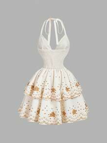 Skyraze Summer Dresses For Women,White And Gold Floral Embroidery Halter Neck Deep V Woven Dress,Tiered Ruffle Scalloped Edge Holiday Casual Party Holiday - Apricot - View 6
