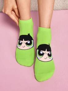 THE POWERPUFF GIRLS X SHEIN 3双装柔软透气吸湿休闲糖果色短袜，甜美图案，时尚可爱卡通粉色、蓝色和绿色女款短袜，加固趾部和脚跟，经久耐穿，四季皆宜，夏季和冬季百搭，印花图案，花朵、泡泡和毛茛 - 彩色 - 查看 5